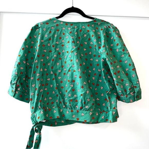 Floral Linen Blend Wrap Tie Front Top - Sz M - Picture 8 of 9